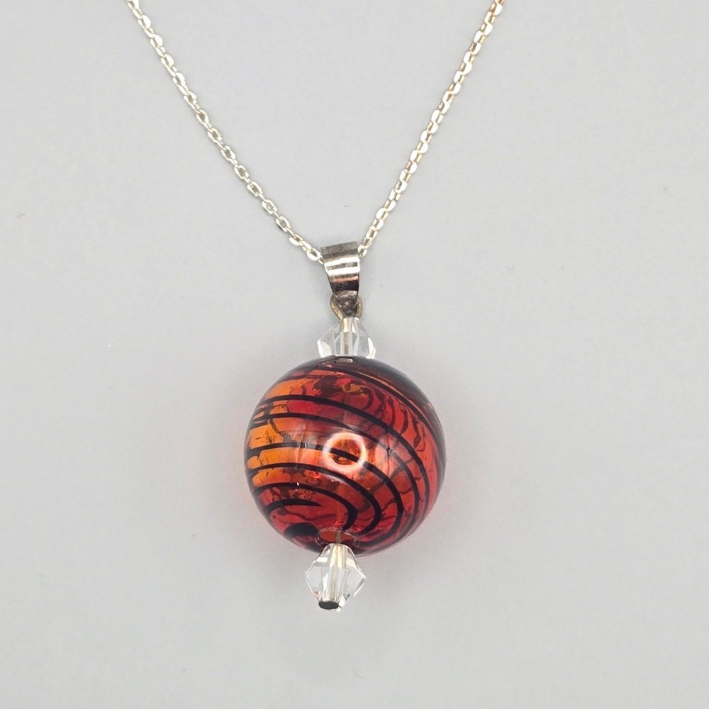 Enjoy Life "Life's A Ball" Orange Swirl Glass Orb Pendant Necklace Silver Tone